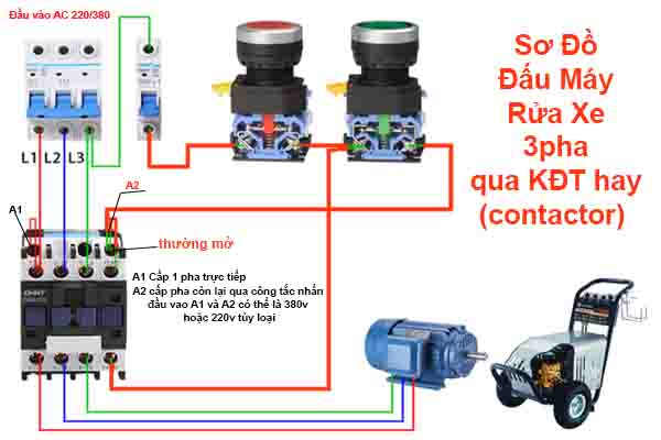 Sơ đồ đấu máy rửa xe 3 pha qua KĐT